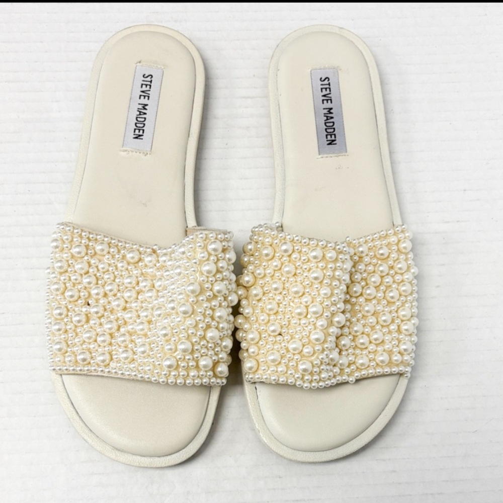 Steve Madden Ivory Pearl Embellished Slide Sandals